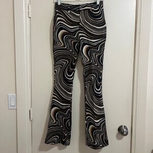 Motel Women Psychedelic Denim Small Bell Buttons Flared Pants Groovy Retro Y2K